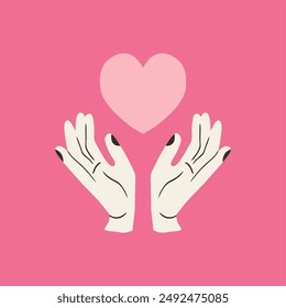 Manos humanas sosteniendo un corazón. Concepto de ayuda, Asistencia, caridad. Fondo de caridad. Asistencia para mujeres en situaciones difíciles. Vector ilustración de dibujos animados.