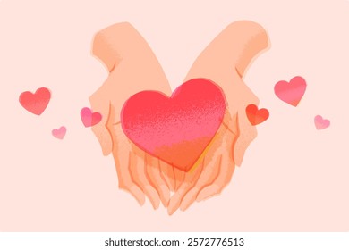 Human hands holding a heart. Concept of help, support, charity. Charity fund. Support for women in difficult situations. Vector cartoon illustration.