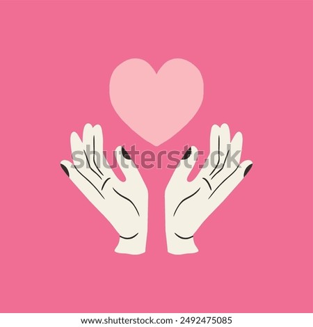 Human hands holding a heart. Concept of help, support, charity. Charity fund. Support for women in difficult situations. Vector cartoon illustration.