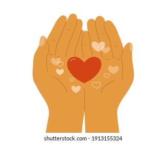 Human hands holding heart shapes in palms. Empathy, sharing, giving love. Charity donate, volunteer help. Happy Valentine day postcard. Self or body taking care concept. I love you vector illustration