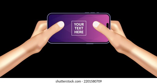 Human hands holding horizontally mobile phone. The finger is touching the smartphone display with the thumb finger. Realistic hand. Vector illustration.