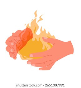 Human hands holding hot fire. Palms of wizards arm with magic gesture to carry flame and burn bonfire, throw fireball or keep heat, hand giving dangerous flammable gift cartoon vector illustration