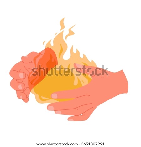 Human hands holding hot fire. Palms of wizards arm with magic gesture to carry flame and burn bonfire, throw fireball or keep heat, hand giving dangerous flammable gift cartoon vector illustration