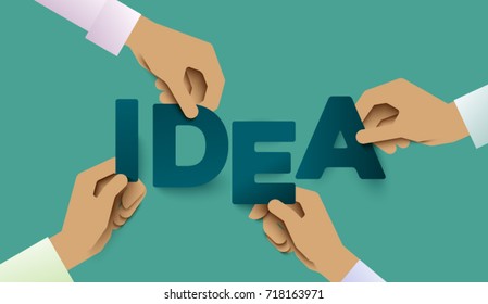 Human hands holding IDEA letters.Symbol of working together, cooperation, combining.  Teamwork concept. Creative partnership metaphor. Illustration stylized as paper-cut art. Flat style vector.