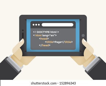 Human hands holding internet tablet with html programming source code screen. Concepts: Freelance, application development, JavaScript, PHP, C++, Python, HTML, Swift, Go, Kotlin, TypeScript languages