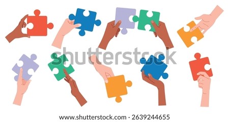 Human hands holding jigsaw puzzle pieces showcasing partnership, brainstorming and planning isolated set on white background. Problem solution searching, business strategy creation vector illustration