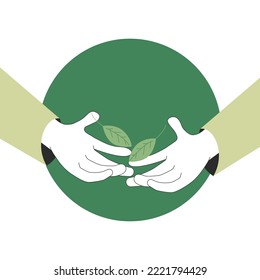 human hands holding leaf. Metaphorical concept of careful attitude to nature. Eco-friendly concept. Vector illustration on green circle background.