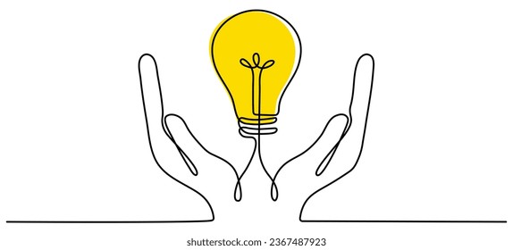 Human hands holding lighting lightbulb one continuous line drawing. Electric yellow lamp. Brainstorm linear symbol. Vector illustration isolated on white.