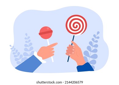 Human hands holding lollipop and candy on sticks. Children and adults eating sugar desserts of round shape and with spiral red swirl flat vector illustration. Sweet food, confectionery concept