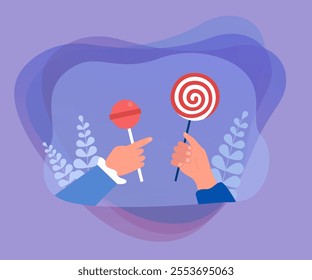 Human hands holding lollipop and candy on sticks. Children and adults eating sugar desserts of round shape and with spiral red swirl flat vector illustration. Sweet food, confectionery concept