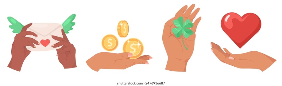 Human hands holding mail, coin, clover, heart set