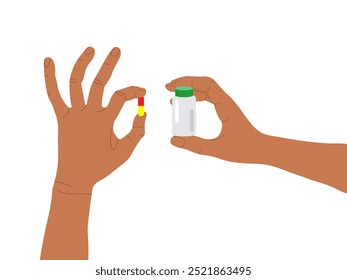 Mãos humanas segurando frasco de medicamento e cápsula de pílula. Produto farmacêutico. Vitamina, suplemento, pílula. Gráfico vetorial. Medicamento ou vitaminas. Farmácia, farmácia, medicina. Médicos e de saúde