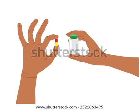 Human Hands holding medicine bottle and Pill Capsule. Pharmaceutical product. Vitamin, suplement, pill. Vector graphic. Medicament or vitamins. Pharmacy, drug store, medicine. Medical and healthcare