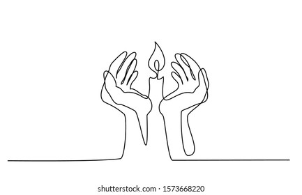 Human hands holding a memory candle in the palms. Continuous one line drawing
