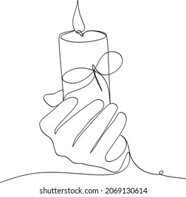 Human hands holding a memory candle in the palms. Continuous one line drawing