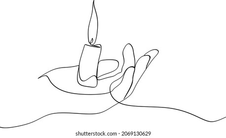 Human hands holding memory candle in the palms  Continuous one line drawing