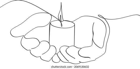 Human hands holding a memory candle in the palms. Continuous one line drawing