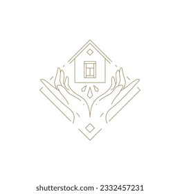 Human hands holding minimalist house jewelry gem geometric frame decorative design line icon vector illustration. Arms with premium cottage real estate dwelling symbol of cosiness hospitality family