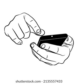 Human hands holding mobile cellphone. Dialing number. Communication and modern technology concept. Black and white illustration.