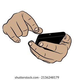 Manos humanas sosteniendo el celular. Marca el número. La comunicación y el concepto de tecnología moderna. Estilo de caricatura.