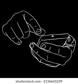 Human hands holding mobile cellphone. Dialing number. Communication and modern technology concept. Hand drawn linear doodle rough sketch. White silhouette on black background.