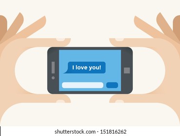 Human hands holding mobile phone with "I love you!" SMS message on the screen.  Idea - Social networking, online messaging and chats, internet friendship and dating.