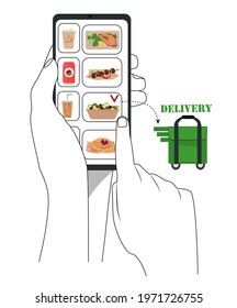 Human hands holding a mobile phone, ordering ready meals online. The symbol of a thermos bag on wheels, fast delivery of food and drinks to your home and office.  Vector illustration.