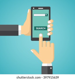 Human Hands Holding Mobile Phone With Internet Search Field And Search Button On The Screen.