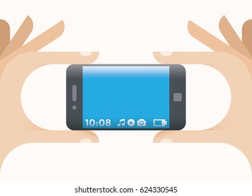 Human hands holding mobile phone with curved screen edge and side menu with time, battery and music, video, camera icons. Idea - New mobile technologies for user interface.