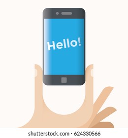 Human hands holding mobile phone with curved screen edge and word Hello! on screen. Idea - New mobile technologies for user interface.