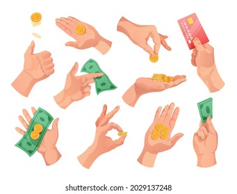 Human hands holding money banknotes coins bank credit card color on white background isolated vector illustration
