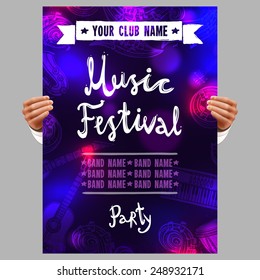 Human hands holding music festival poster with musical instruments vector illustration