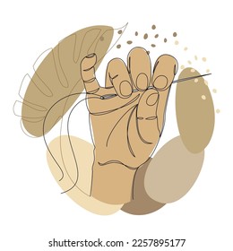 Human hands holding a needle and thread for sewing, in a modern one-line style, and the leaves of a plant. Continuous line drawing, contour for decor, posters, stickers, logo. Vector illustration