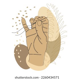 Human hands holding a needle and thread for sewing, in a modern one-line style, and the leaves of a plant. Continuous line drawing, contour for decor, posters, stickers, logo. Vector illustration