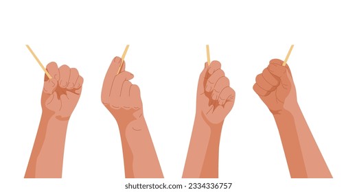 Human hands holding object on stick set. Man or woman palm can holding anything you want. Design element for booklets, banners, advertising. Realistic anime style. Vector illustration.