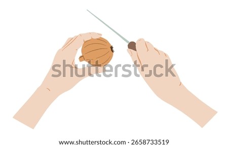 Human hands holding onion and knife for cutting vegetables, cooking food vector flat illustration top view. Gestures illustration for menu, cafe, template, banner