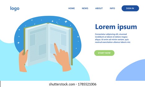Human hands holding open book. Book reading, stars, night sky background flat vector illustration. Knowledge, library, literature concept for banner, website design or landing web page