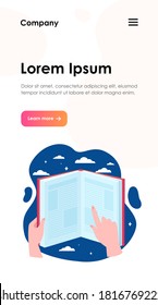 Human hands holding open book. Book reading, stars, night sky background flat vector illustration. Knowledge, library, literature concept for banner, website design or landing web page