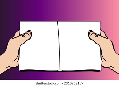 Human hands holding open book with blank pages on pastel pink background