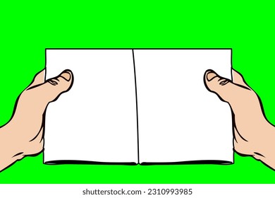 Human hands holding open book with blank pages on green background