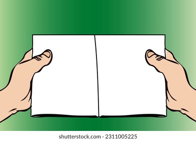 Human hands holding open book with blank pages on green background