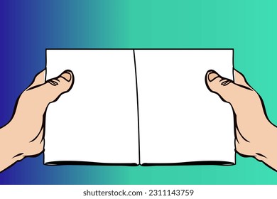 Human hands holding open book with blank pages on green background