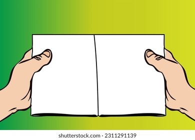 Human hands holding open book with blank pages on a pastel green background