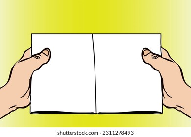 Human hands holding open book with blank pages on a pastel yellow background