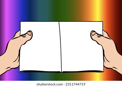 Human hands holding open book with blank pages on rainbow background