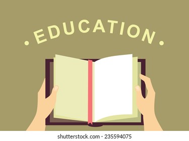 human hands holding an open book with a bookmark at the top of the inscription Education