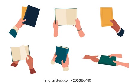 Human hands holding open and closed books. Public library, fiction and educational literature. Flat vector illustration on white background
