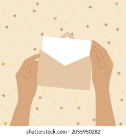 Human hands are holding an open envelope with a letter. Mail letter reading concept. Greeting card. Vector flat illustration