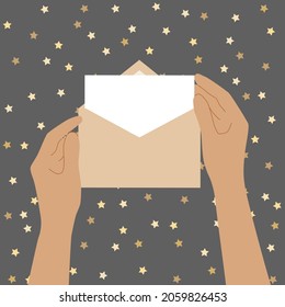 Human hands are holding an open envelope with a letter. Mail letter reading concept. Greeting card. Vector flat illustration