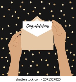 Human hands are holding an open envelope with a letter. The concept of reading a letter with congratulations. Greeting card. Vector flat illustration